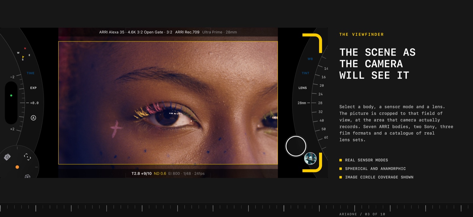 The viewfinder: the scene through the selected body, sensor mode and lens, cropped to that field of view.