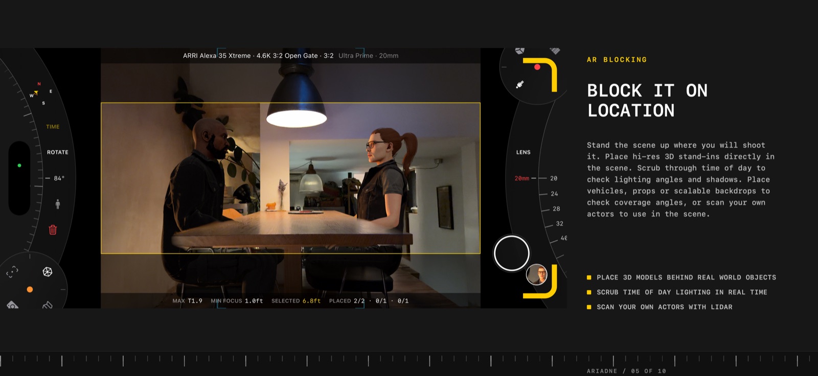 AR blocking on location: stand-ins at true height on the real floor, occluded by the real foreground.