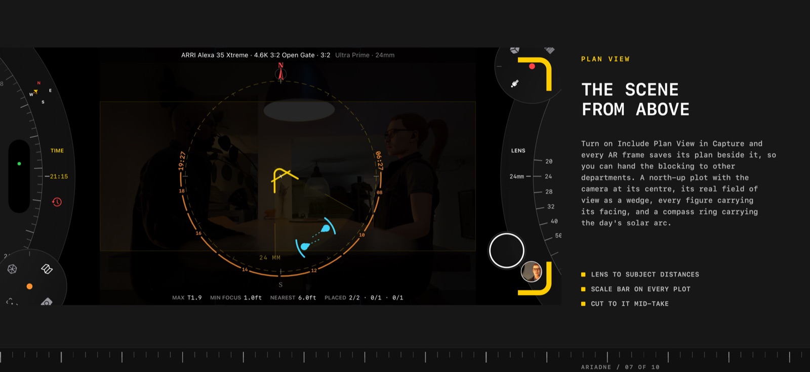 Plan View: the camera, its field of view as a wedge, every figure with its facing, the solar arc, a scale bar and distances.