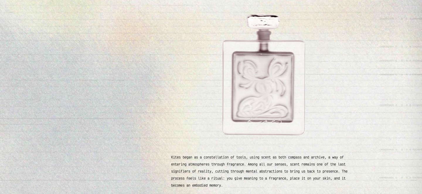 kites.studio: a cast-glass fragrance bottle on a pale, papered ground